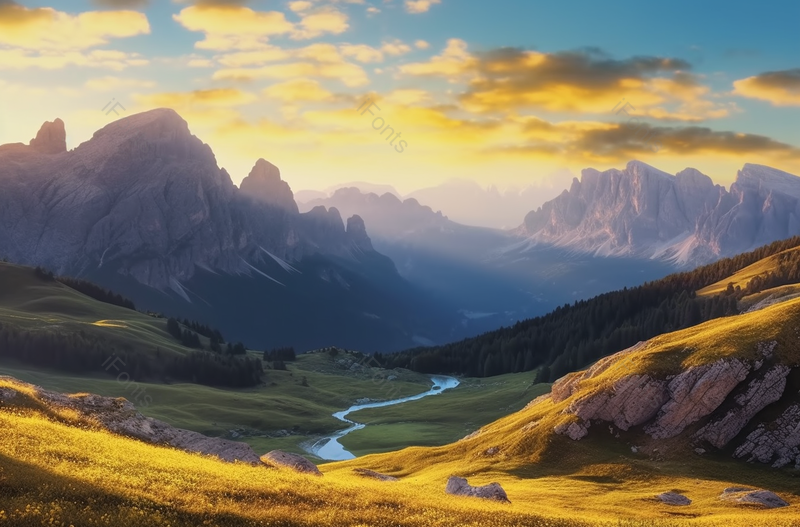 黄色山坡眺望弯曲的小溪日落晚霞风景背景,高清,摄影图,摄影图片,图片大全,摄影图免费下载